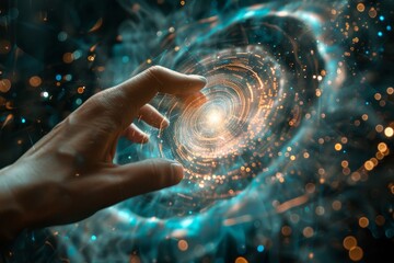 First contact. hand touching spinning vortex of light particles - neuronal network concept