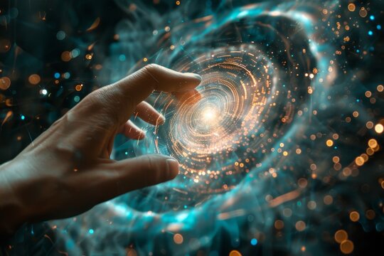 First contact. hand touching spinning vortex of light particles - neuronal network concept