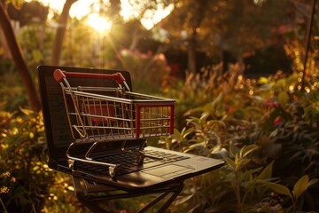 E-commerce concept. shopping cart on laptop keyboard in beautiful garden during sunset