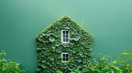 House adorned with green vegetation set against a green background.