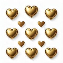 Set of amazing realistic golden hearts, isolated on white background.

