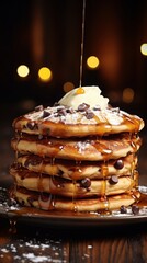 fluffy chocolate chip pancakes in bokeh backgroud