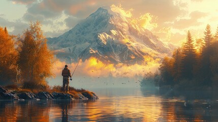 Highlighting the thrill of fly fishing for trout, with an action-packed scene of a skilled angler casting a line into a rushing river.