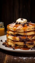 fluffy chocolate chip pancakes with syrup