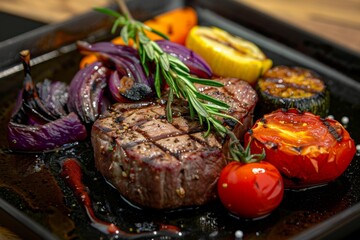 Juicy grilled fillet steak with fresh tomatoes and roast vegetables served on a plate - Powered by Adobe