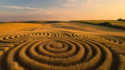 Fototapeta na wymiar Golden hour at a harvested wheat field with mesmerizing circular patterns creating a visual delight