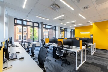 Modern office layout with fully equipped desks and workstations for productive work environment