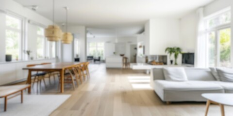 Defocused shot of a bright, airy Scandinavian-style living space with minimalist design. Resplendent.