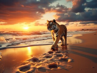 Photo of tiger walks along the shore of the sea or ocean on sunset background. Foot steps on sand