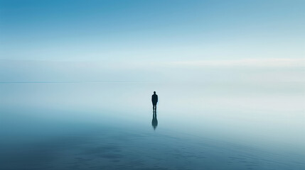 A serene image capturing the silhouette of a solitary figure standing in a calming expanse of blue mist and open space