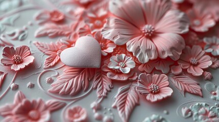 A pink heart-shaped candy laying on a bed of pink flowers.