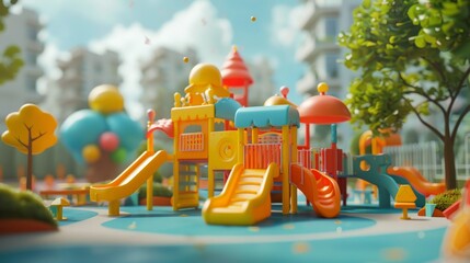 A playground with a slide, a swing, and a climbing frame. The playground is surrounded by trees and flowers. The sun is shining, and the birds are singing.