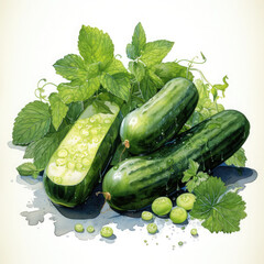 Watercolor Colorful Cucumber Illustration, Generative Ai