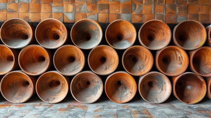A stack of orange clay pots with a geometric background