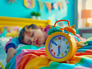 A child sleeps peacefully moments before the colorful alarm clock rings, heralding a new day. Healthy sleep habits for children concept.