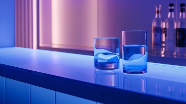 Close-up view of a minimalist product display stand under a Klein blue light with a bar, emphasizing simplicity and modern aesthetics
