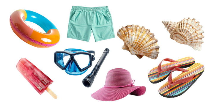 Set of Summer accessories elements for holiday vacation isolated on background, Beach items for swimming and relax, beach ball, seashell, hat and other.