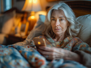 Fototapeta premium Senior woman on bed late at night using mobile phone sleepy and tired. Smart phone addiction concept.