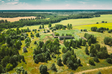Belarus. Aerial View Of Cowshed In Chernobyl Zone. Chornobyl Catastrophe Disasters. Dilapidated...