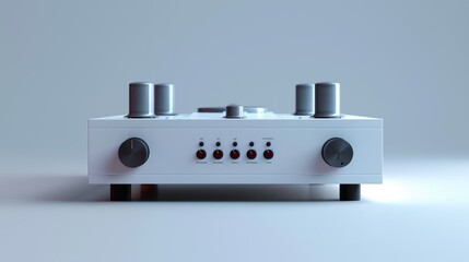 Detailed image of a stylish white music amplifier, rendered in 3D to highlight its minimalist design and vibrant color