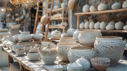 A variety of ceramic pots and vases displayed on wooden shelves and tables. - obrazy, fototapety, plakaty