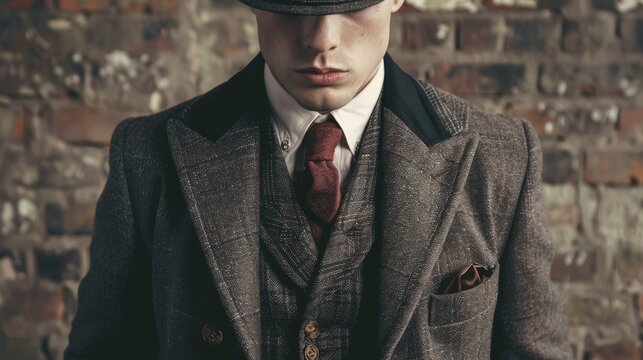 Detailed image of a man wearing a Peaky Blinders gang style suit, captured in a vintage setting to enhance the retro aesthetic