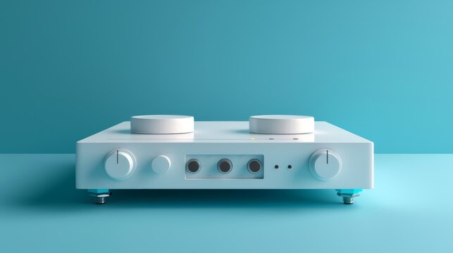 Detailed image of a stylish white music amplifier, rendered in 3D to highlight its minimalist design and vibrant color