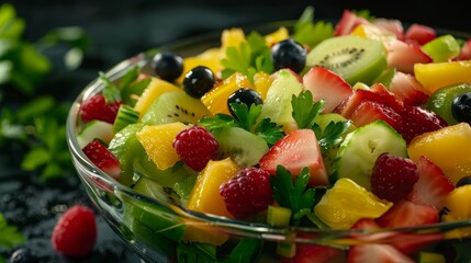 Detailed photo capturing a variety of freshly cut fruits in a salad, vivid and appealing, shot in close-up against an isolated backdrop