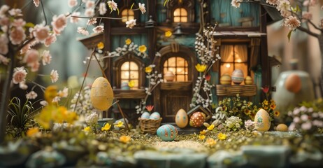 A whimsical digital painting of a fairy tale cottage in the middle of a lush forest. The cottage is surrounded by colorful flowers and decorated with Easter eggs.