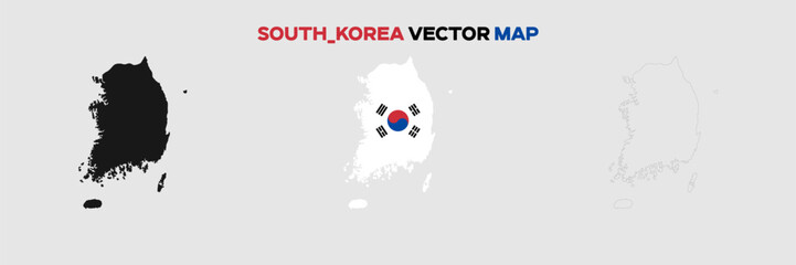 South Korea Map Vector Pack. Map with Flag. Gray Map Silhouette. Gray Outline Map. Editable EPS file. 