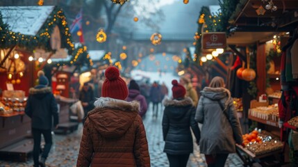 A woman in a red beanie walks through a crowded Christmas market.