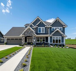 Beautiful new luxury home exterior with gray shingle and stone accents, large front yard with green grass, concrete driveway, clear blue sky
