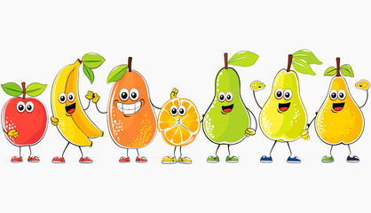 フルーツのレトロなファンキーな漫画のキャラクター。幸せな笑顔の顔、手、足を持つバナナ レモン アップル オレンジ ナシのコミック マスコット。グルーヴィーな夏のベクター イラストです。フルーツのジューシーなステッカー パック。