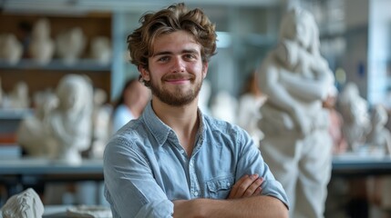 Fototapeta premium A young male artist standing in a sculpture studio and smiling at the camera.