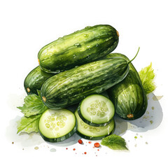 Watercolor Colorful Cucumber Illustration, Generative Ai