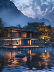 Fototapeta premium contemporary architecture house exterior at dusk surrounded by nature with an amazing lighting