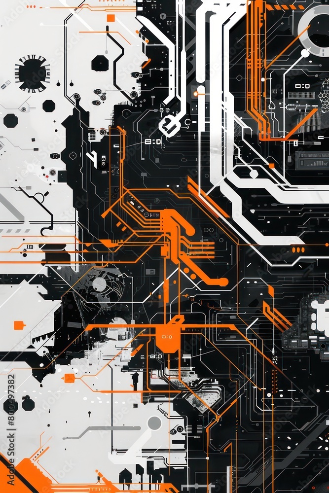 Fototapete schematic computer circuit board illustration in black and white and some orange graphic elements