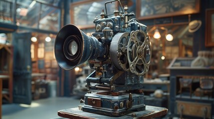 Fototapeta premium An antique movie projector sits on a table in a cluttered workshop.
