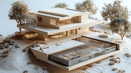 An architectural model of a modern house made of light wood with a pool made of blue glass.