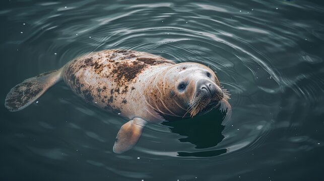   A tight shot of a seal at water's edge, head emerged from the surface