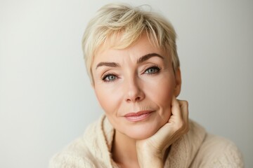 Beautiful gorgeous 50s mid aged mature woman looking at camera isolated on white. Mature old lady close up portrait. Healthy face skin care beauty, middle age skincare cosmetics.