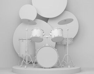 Drums with metal cymbals or drumset on cylinder podium with step on monochrome