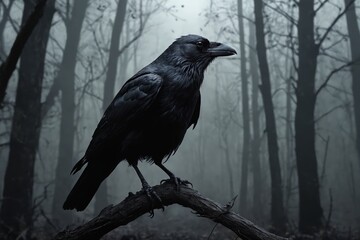 "Eerie Elegance: A Black Raven Amidst a Mysterious Forest"