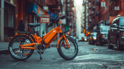 Tangerine folding bike on an urban street, vibrant and portable,