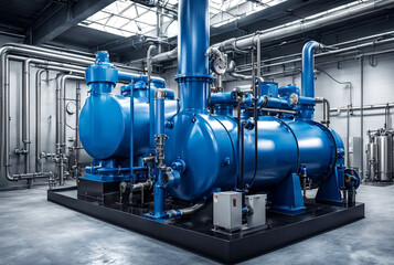 Photo contains film grain. Water pump station and pipeline with tanks in an industrial room to supply high pressure water for firefight tasks. Sprinkler pipes and control system to provide drink water - obrazy, fototapety, plakaty