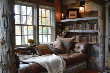 Distressed leather upholstery in a rustic reading nook