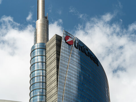 Milano, Italy. The iconic Unicredit tower at Gae Aulenti square. Skyscraper which is part of a group of residential and business buildings. Architectural modern buildings