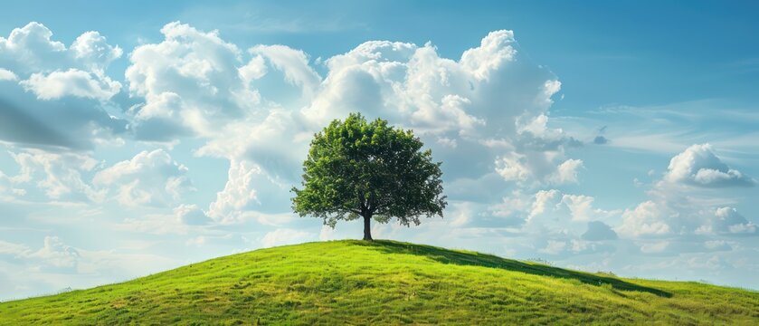 landscape illustration banner background with a solitary tree on a hill, idyllic scenery with soft warm tones