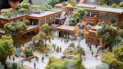 An image of a miniature city made of wood with people walking around