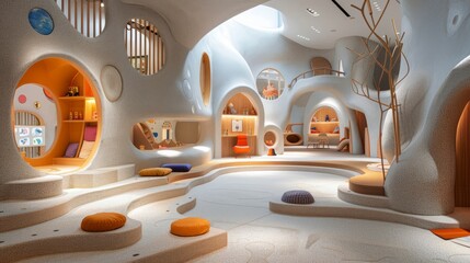 An image of a futuristic, organic, and playful children's playroom.